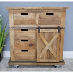 Industrial Rustic Black Metal And Solid Light Mango Wood 5 Drawer 1 Sliding Door Sideboard Cabinet With Wheels