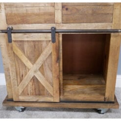 Industrial Rustic Black Metal And Solid Light Mango Wood 5 Drawer 1 Sliding Door Sideboard Cabinet With Wheels