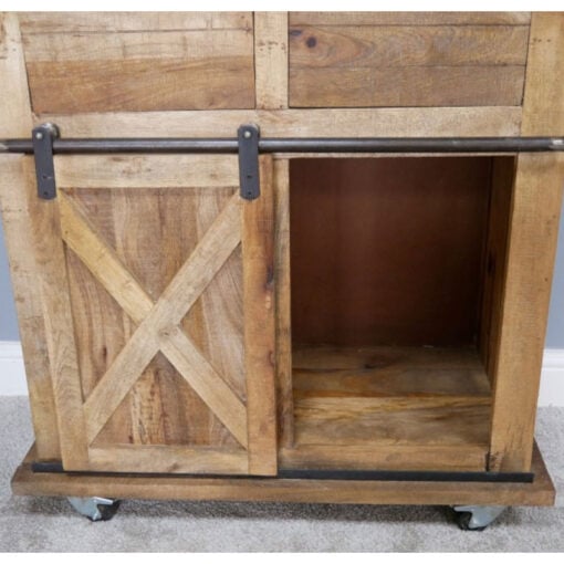 Industrial Rustic Black Metal And Solid Light Mango Wood 5 Drawer 1 Sliding Door Sideboard Cabinet With Wheels