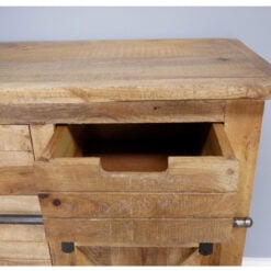 Industrial Rustic Black Metal And Solid Light Mango Wood 5 Drawer 1 Sliding Door Sideboard Cabinet With Wheels
