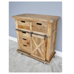 Industrial Rustic Black Metal And Solid Light Mango Wood 5 Drawer 1 Sliding Door Sideboard Cabinet With Wheels