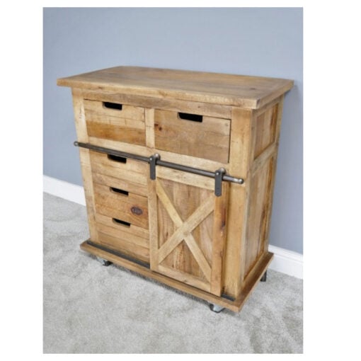 Industrial Rustic Black Metal And Solid Light Mango Wood 5 Drawer 1 Sliding Door Sideboard Cabinet With Wheels