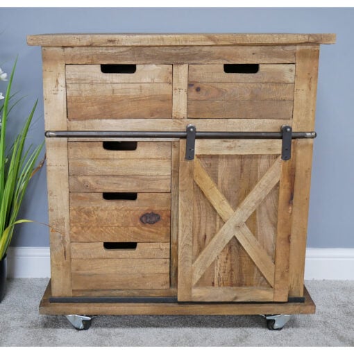 Industrial Rustic Black Metal And Solid Light Mango Wood 5 Drawer 1 Sliding Door Sideboard Cabinet With Wheels