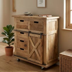 Industrial Rustic Black Metal And Solid Light Mango Wood 5 Drawer 1 Sliding Door Sideboard Cabinet With Wheels