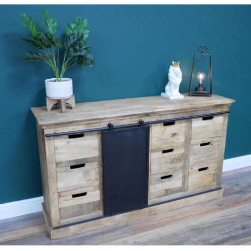Industrial Rustic Black Metal And Solid Light Mango Wood 9 Drawer 1 Sliding Door Large Sideboard Cabinet 150cm
