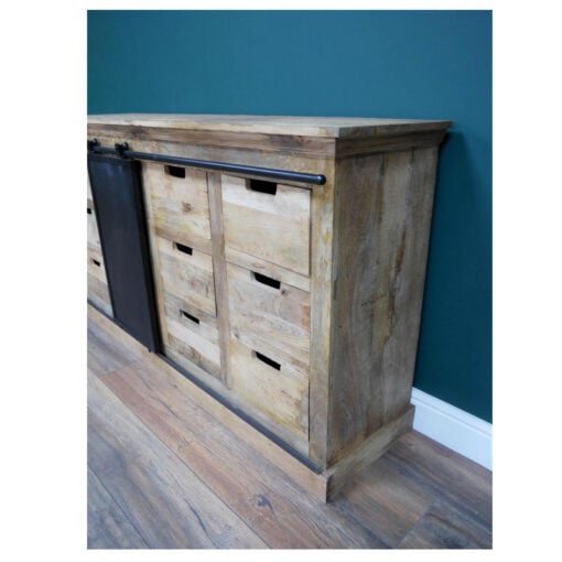 Industrial Rustic Black Metal And Solid Light Mango Wood 9 Drawer 1 Sliding Door Large Sideboard Cabinet 150cm
