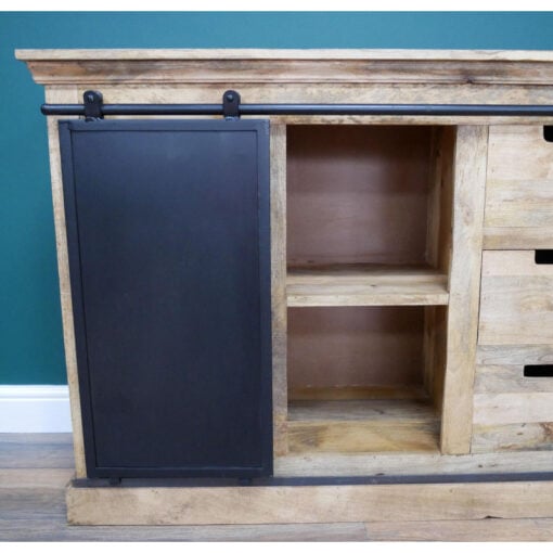 Industrial Rustic Black Metal And Solid Light Mango Wood 9 Drawer 1 Sliding Door Large Sideboard Cabinet 150cm