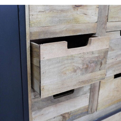 Industrial Rustic Black Metal And Solid Light Mango Wood 9 Drawer 1 Sliding Door Large Sideboard Cabinet 150cm