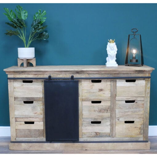 Industrial Rustic Black Metal And Solid Light Mango Wood 9 Drawer 1 Sliding Door Large Sideboard Cabinet 150cm