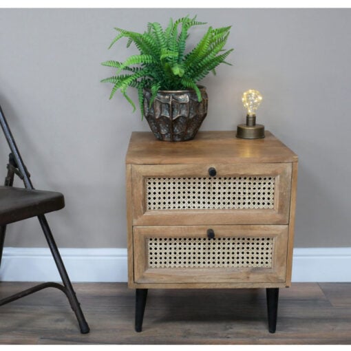 Industrial Rustic Black Metal And Solid Mango 2 Rattan Drawer Bedside Cabinet Side Table