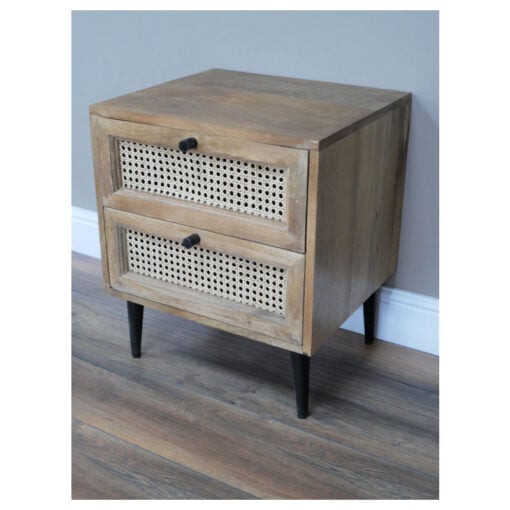 Industrial Rustic Black Metal And Solid Mango 2 Rattan Drawer Bedside Cabinet Side Table