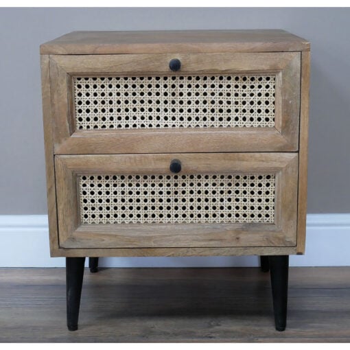 Industrial Rustic Black Metal And Solid Mango 2 Rattan Drawer Bedside Cabinet Side Table