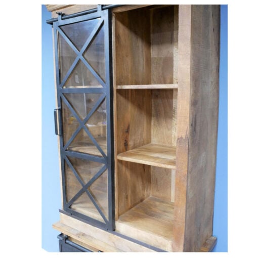 Industrial Rustic Black Metal And Solid Mango Wood 2 Piece Tall Dresser Display Cabinet 211cm