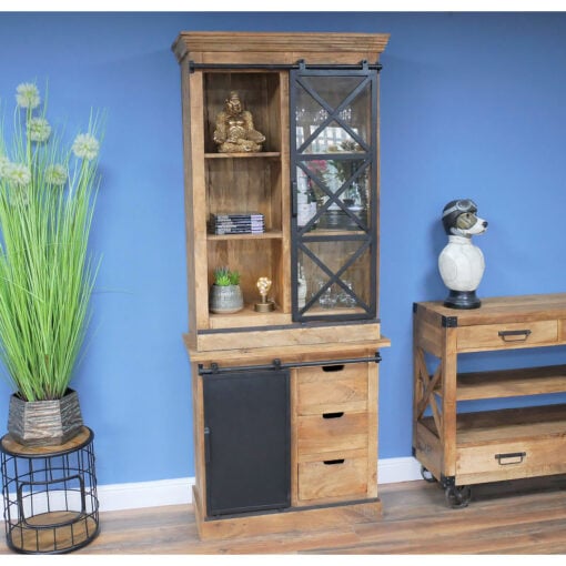 Industrial Rustic Black Metal And Solid Mango Wood 2 Piece Tall Dresser Display Cabinet 211cm