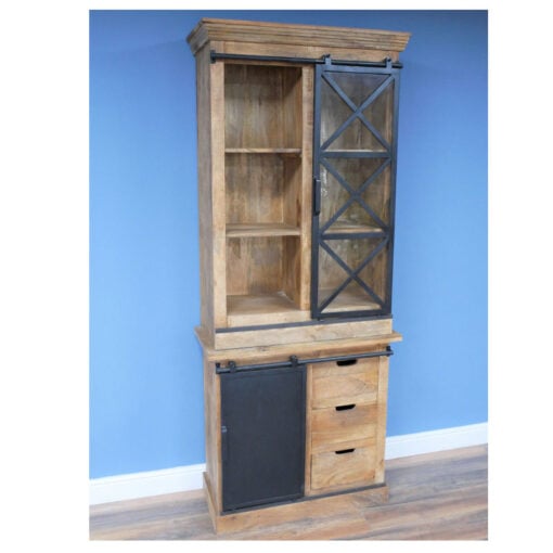 Industrial Rustic Black Metal And Solid Mango Wood 2 Piece Tall Dresser Display Cabinet 211cm