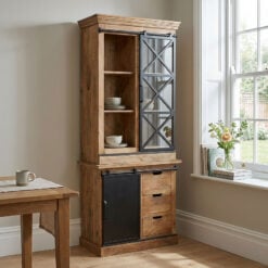 Industrial Rustic Black Metal And Solid Mango Wood 2 Piece Tall Dresser Display Cabinet With 2 Sliding Doors And 3 Drawers  211cm