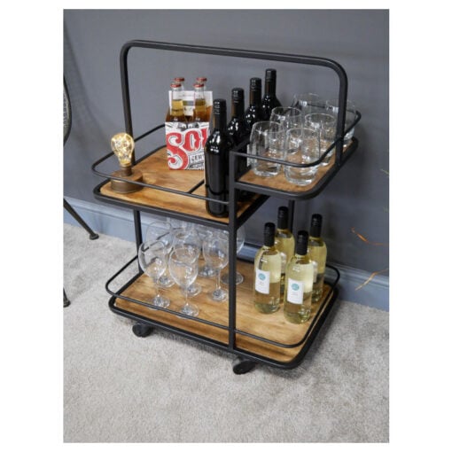 Industrial Rustic Black Metal And Solid Mango Wood 3 Tier Drinks Trolley