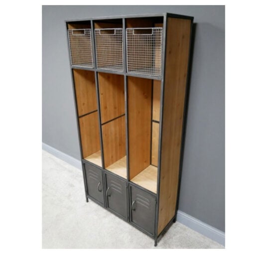 Industrial Steel Grey Metal And Solid Wood 3 Door 3 Crate Hall Stand Coat Hanger 164cm