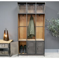 Industrial Steel Grey Metal And Solid Wood 3 Door 3 Crate Hall Stand Coat Hanger 164cm