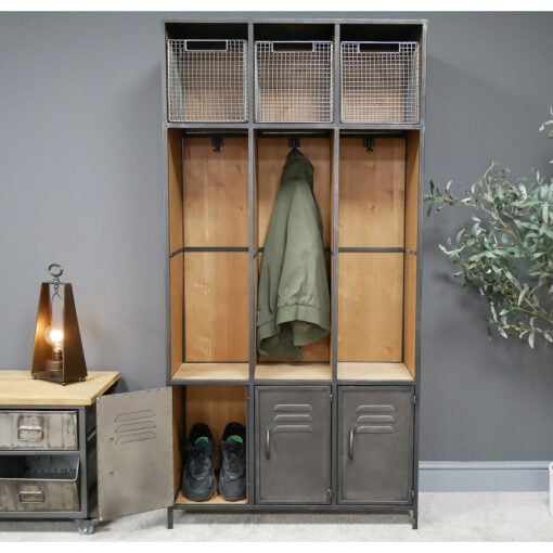 Industrial Steel Grey Metal And Solid Wood 3 Door 3 Crate Hall Stand Coat Hanger 164cm