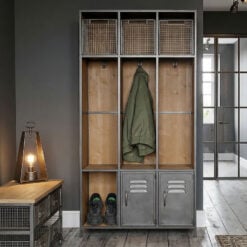 Industrial Steel Grey Metal And Solid Wood 3 Door 3 Crate Hall Stand Coat Hanger 164cm