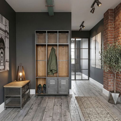 Industrial Steel Grey Metal And Solid Wood 3 Door 3 Crate Hall Stand Coat Hanger 164cm