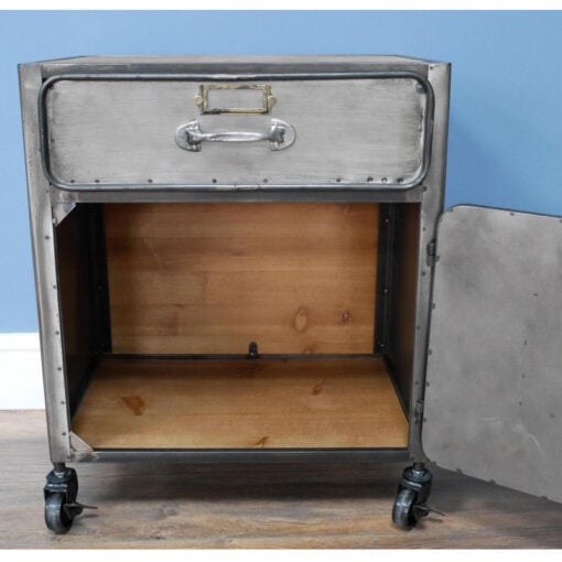Industrial Steel Grey Metal Locker Style 1 Door 1 Drawer Bedside Cabinet Side Table With Wheels And Solid Wood Top