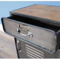 Industrial Steel Grey Metal Locker Style 1 Door 1 Drawer Bedside Cabinet Side Table With Wheels And Solid Wood Top