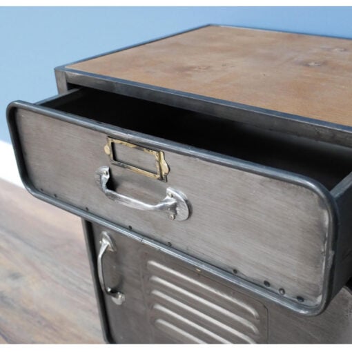 Industrial Steel Grey Metal Locker Style 1 Door 1 Drawer Bedside Cabinet Side Table With Wheels And Solid Wood Top