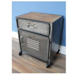 Industrial Steel Grey Metal Locker Style 1 Door 1 Drawer Bedside Cabinet Side Table With Wheels And Solid Wood Top