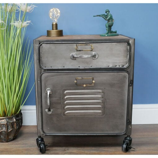 Industrial Steel Grey Metal Locker Style 1 Door 1 Drawer Bedside Cabinet Side Table With Wheels And Solid Wood Top