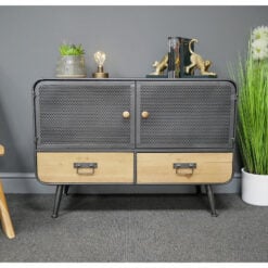 Retro Industrial Black Metal And Solid Wood 2 Door 2 Drawer Sideboard Cabinet