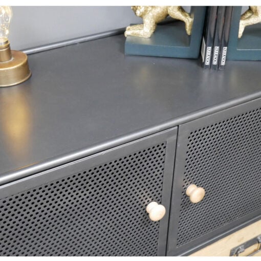 Retro Industrial Black Metal And Solid Wood 2 Door 2 Drawer Sideboard Cabinet
