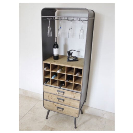 Retro Industrial Grey Metal 3 Drawer Tall Bar Drinks Cabinet With Wine And Glass Storage 159cm