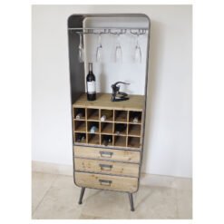 Retro Industrial Grey Metal 3 Drawer Tall Bar Drinks Cabinet With Wine And Glass Storage 159cm