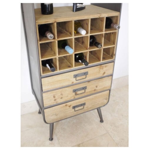 Retro Industrial Grey Metal 3 Drawer Tall Bar Drinks Cabinet With Wine And Glass Storage 159cm