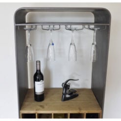 Retro Industrial Grey Metal 3 Drawer Tall Bar Drinks Cabinet With Wine And Glass Storage 159cm