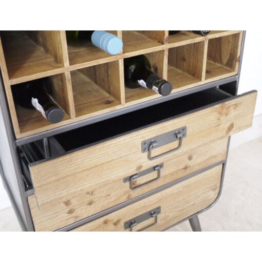 Retro Industrial Grey Metal 3 Drawer Tall Bar Drinks Cabinet With Wine And Glass Storage 159cm