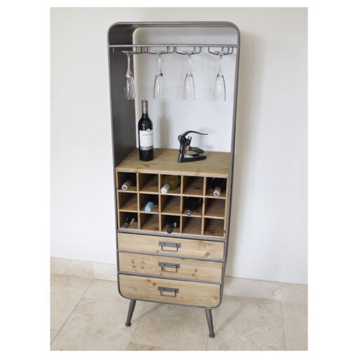 Retro Industrial Grey Metal 3 Drawer Tall Bar Drinks Cabinet With Wine And Glass Storage 159cm