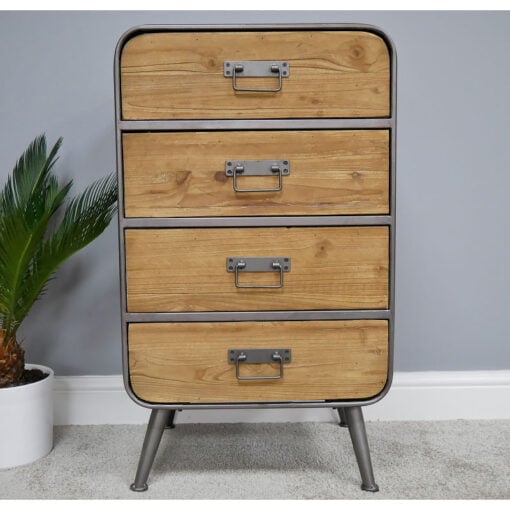 Retro Industrial Grey Metal And Solid Wood 4 Drawer Chest Of Drawers 83cm