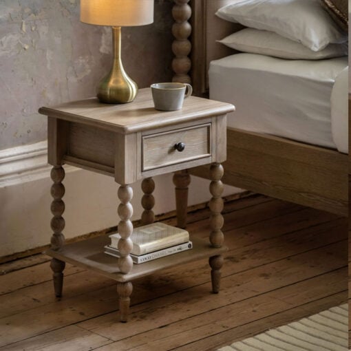 Rustic Country Cottage Light Oak Wood 1 Shelf 1 Drawer Bedside Cabinet With Hand Carved Bobbin Detail Legs