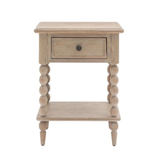 Rustic Country Cottage Light Oak Wood 1 Shelf 1 Drawer Bedside Cabinet With Hand Carved Bobbin Detail Legs