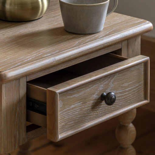Rustic Country Cottage Light Oak Wood 1 Shelf 1 Drawer Bedside Cabinet With Hand Carved Bobbin Detail Legs
