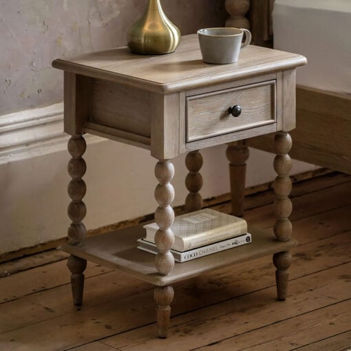 Rustic Country Cottage Light Oak Wood 1 Shelf 1 Drawer Bedside Cabinet With Hand Carved Bobbin Detail Legs