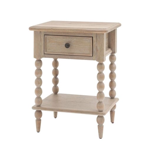 Rustic Country Cottage Light Oak Wood 1 Shelf 1 Drawer Bedside Cabinet With Hand Carved Bobbin Detail Legs