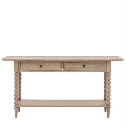 Rustic Country Cottage Light Oak Wood 2 Drawer 2 Tier Large Console Table With Hand Carved Bobbin Detail Legs 165cm