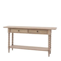 Rustic Country Cottage Light Oak Wood 2 Drawer 2 Tier Large Console Table With Hand Carved Bobbin Detail Legs 165cm