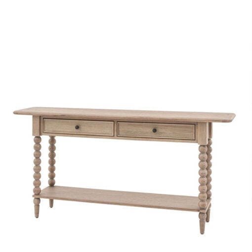 Rustic Country Cottage Light Oak Wood 2 Drawer 2 Tier Large Console Table With Hand Carved Bobbin Detail Legs 165cm