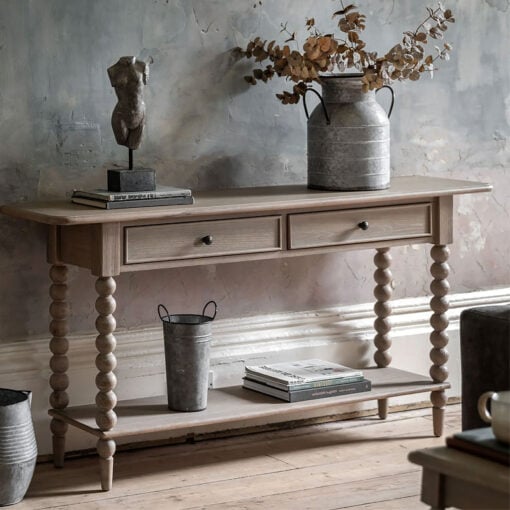 Rustic Country Cottage Light Oak Wood 2 Drawer 2 Tier Large Console Table With Hand Carved Bobbin Detail Legs 165cm