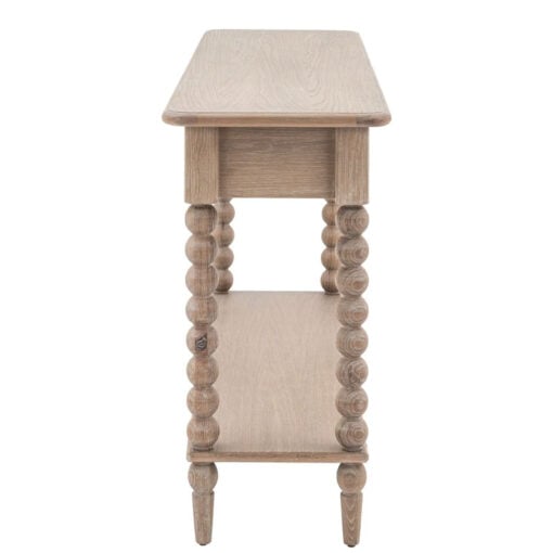 Rustic Country Cottage Light Oak Wood 2 Drawer 2 Tier Large Console Table With Hand Carved Bobbin Detail Legs 165cm